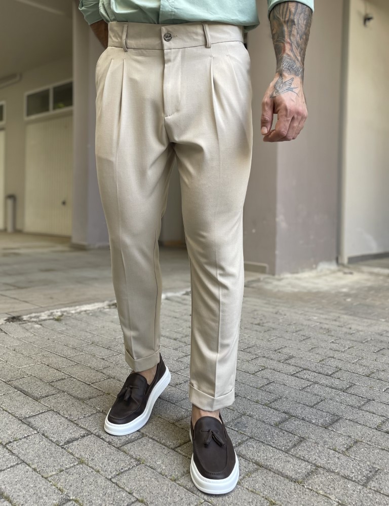 Ανδρικό μπεζ υφασμάτινο παντελόνι με πιέτες και φάσα στην μέση FCL00395B φωτογραφία